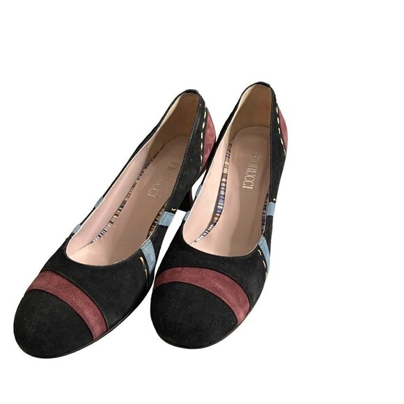 Fiorucci Womens Suede Pumps Size 6 Vintage Black Blue Burgundy Heel Slip On